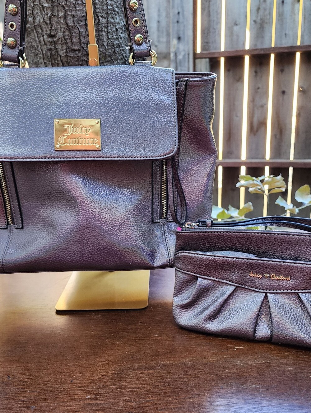 Juicy Couture Pebble Leather Shoulder Bag & Matching Pouch Set Plum Purple